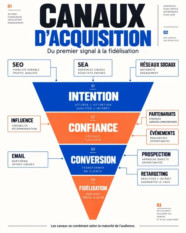 Canaux d'acquisition exemple présentés dans un entonnoir marketing