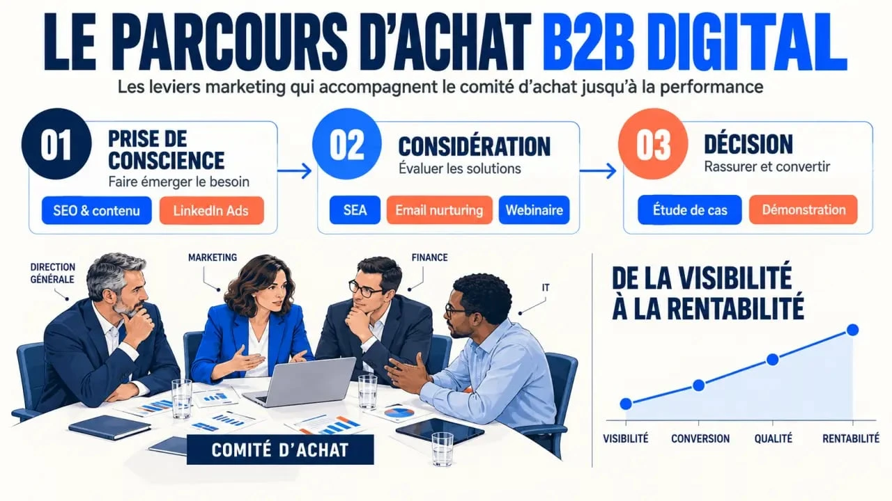 Infographie du b to b digital marketing et du parcours d'achat B2B