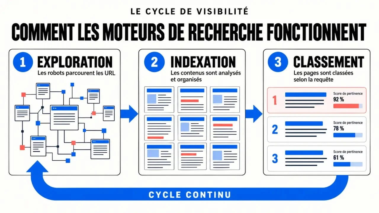 Schéma du fonctionnement des moteurs de recherche avec exploration, indexation et classement