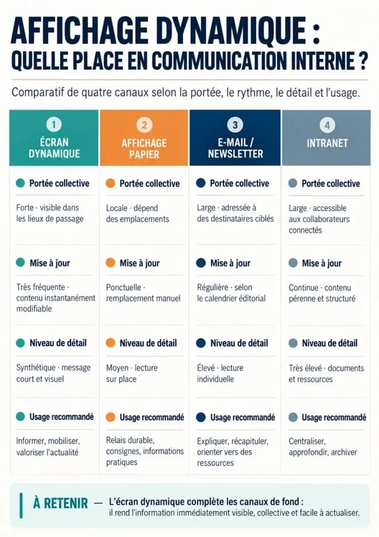 Infographie comparant les canaux d’affichage dynamique communication interne, affichage papier, e-mail et intranet