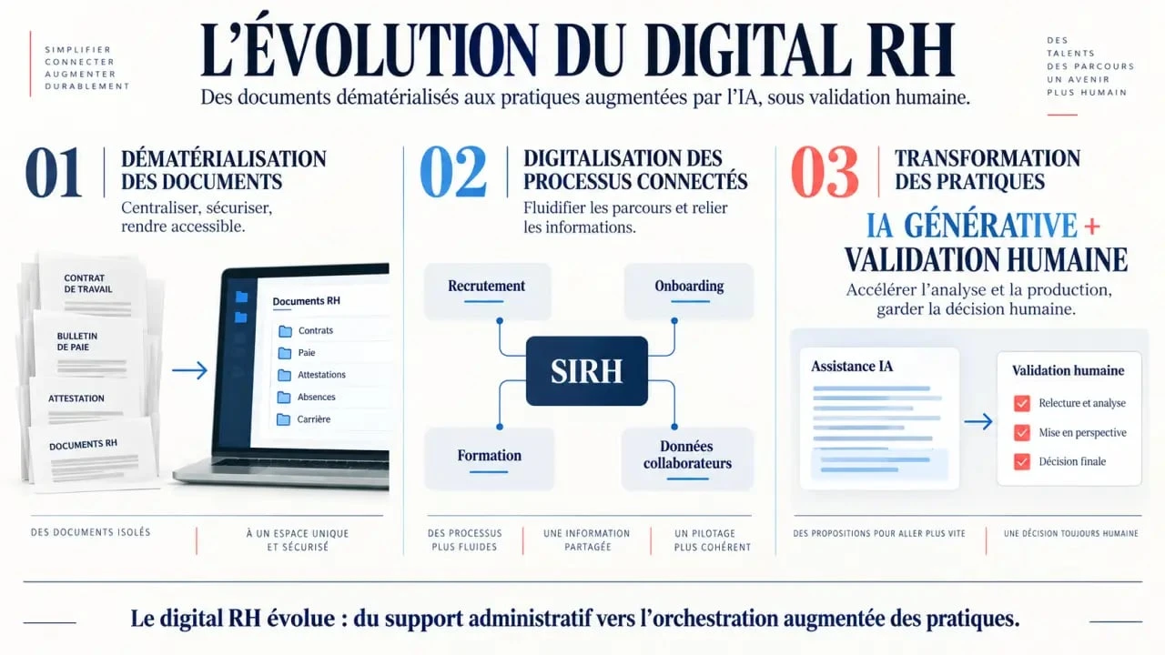 Infographie sur le digital ressources humaines, de la dématérialisation à l’intelligence artificielle