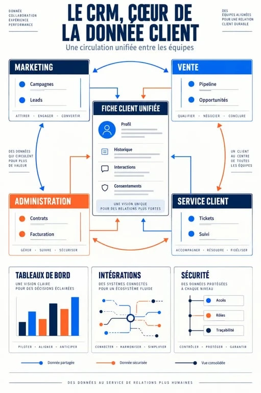 Infographie des fonctionnalités CRM et de la circulation des données entre marketing, ventes et service client