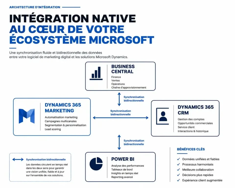 Schéma d'intégration logiciels marketing digital Microsoft Dynamics entre CRM, Marketing et Business Central