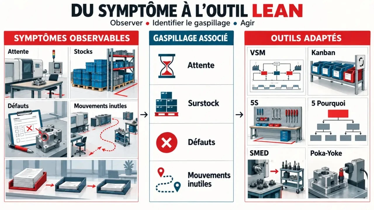 Outils du lean management reliés aux symptômes et aux gaspillages observés