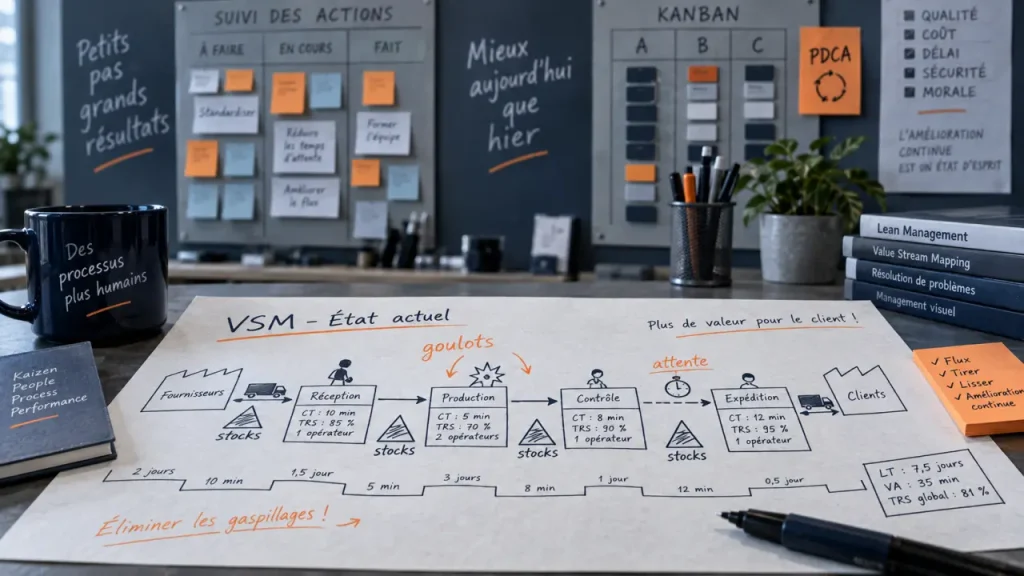 Lean management outils : VSM et 8 gaspillages sur papier