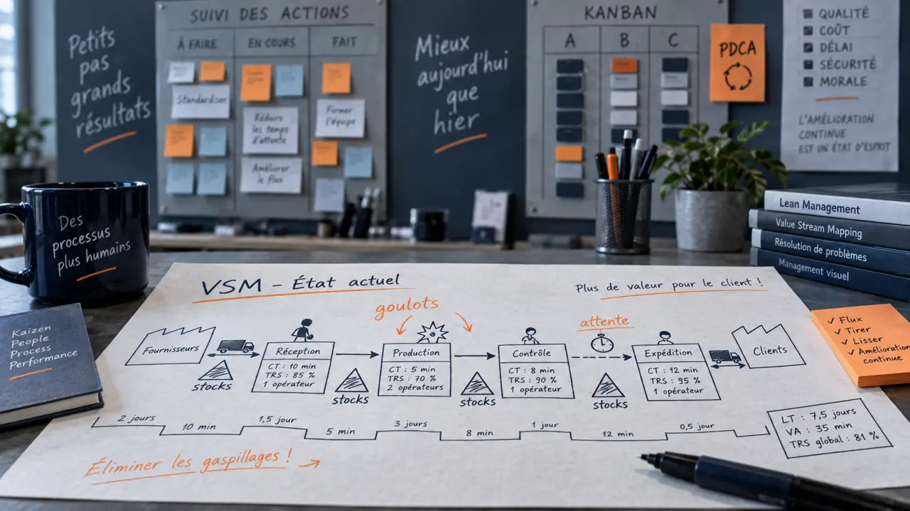 Lean management outils : VSM et 8 gaspillages sur papier