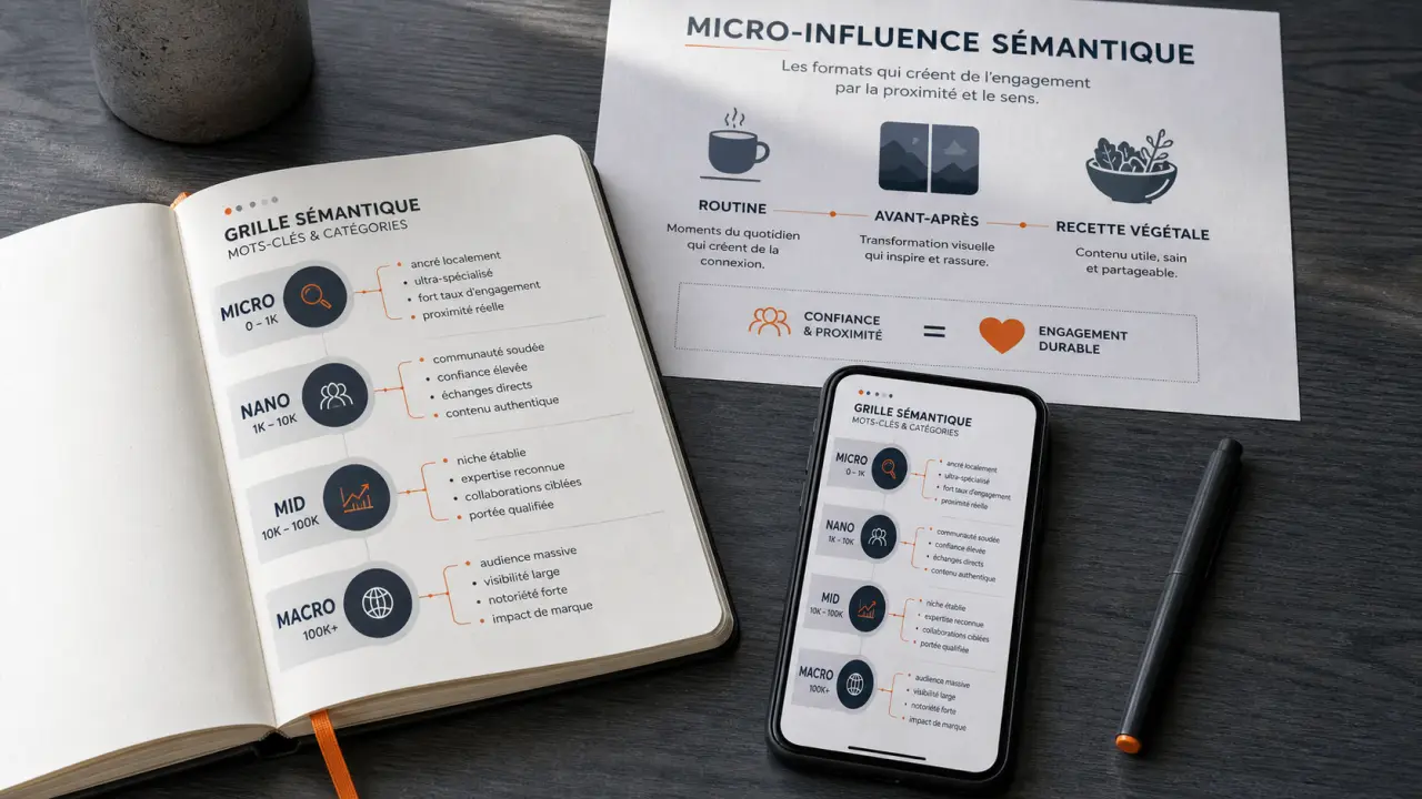 micro-influence semantique : grille mots-clés et créateurs alignés marque