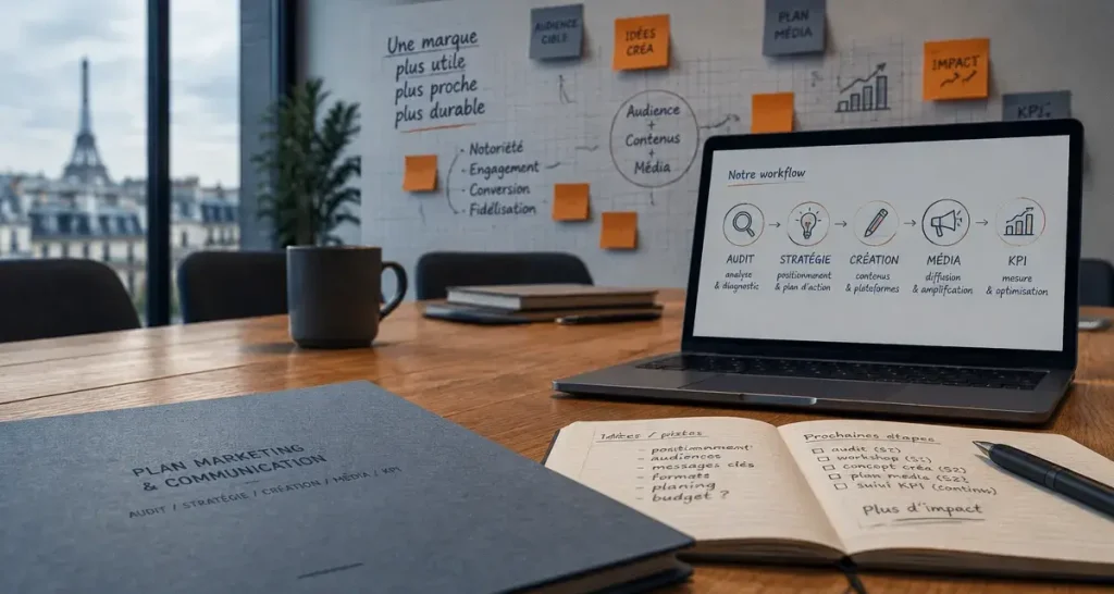 Agence conseil en communication paris : réunion avec audit et KPI