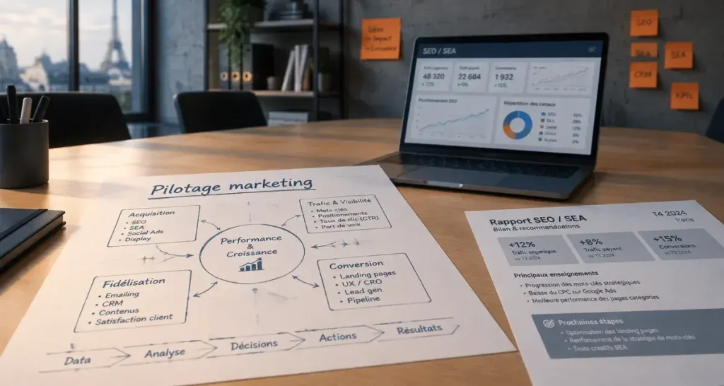 Agence marketing et management Paris : pilotage marketing en salle de réunion
