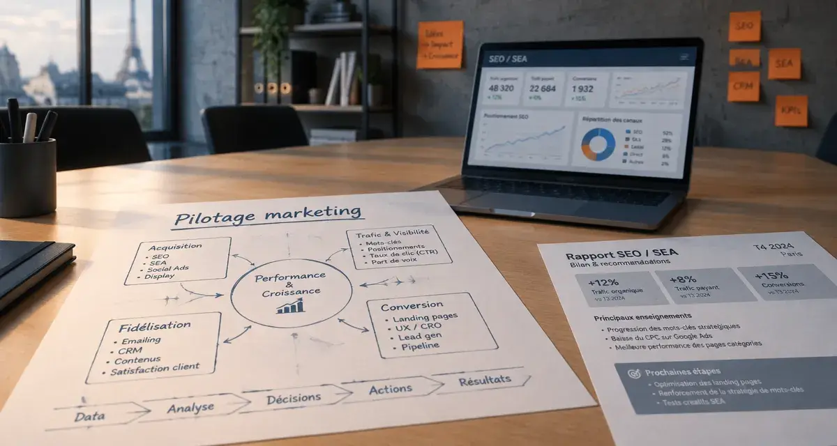 Agence marketing et management Paris : pilotage marketing en salle de réunion
