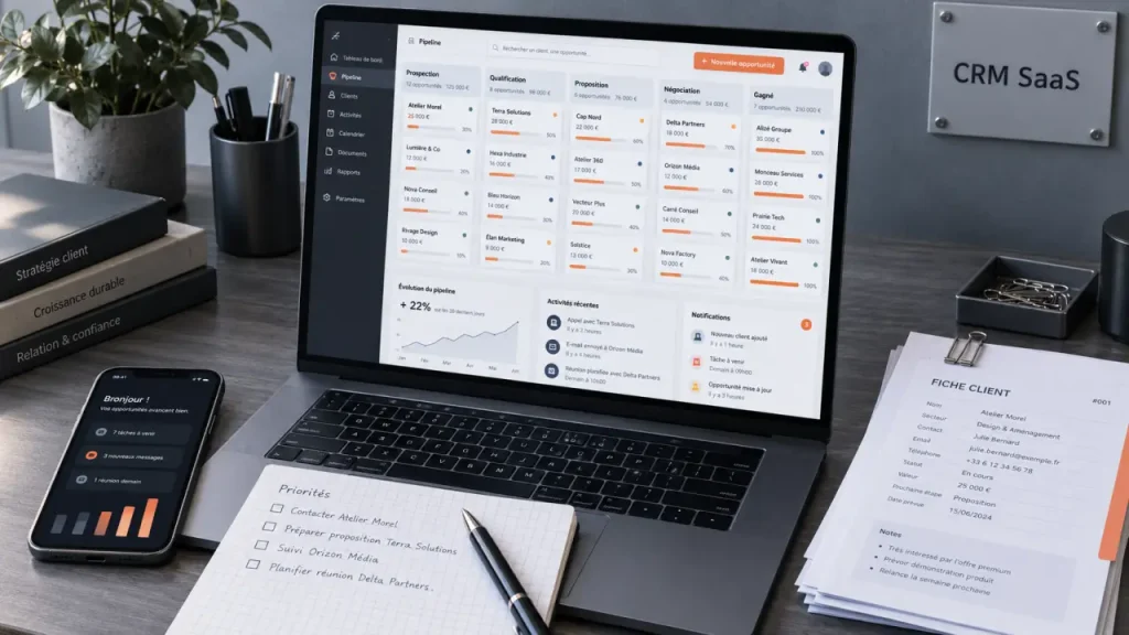 CRM en mode SaaS : pipeline des ventes sur ordinateur et mobile