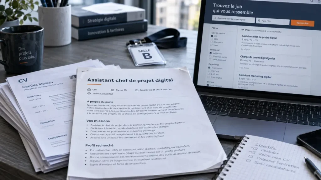 Emploi marketing digital Paris : pile de CV et offre assistant chef de projet digital