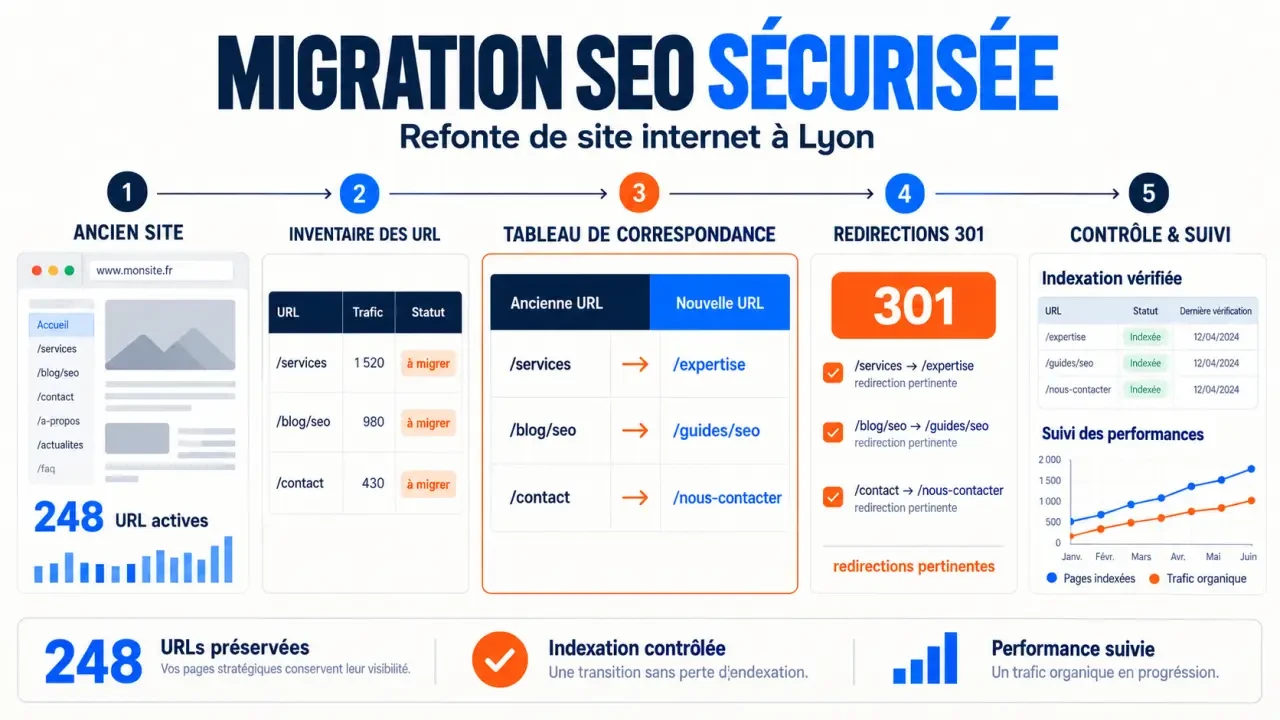Infographie sur la migration SEO lors d'une refonte site internet Lyon avec redirections 301 et contrôle de l'indexation