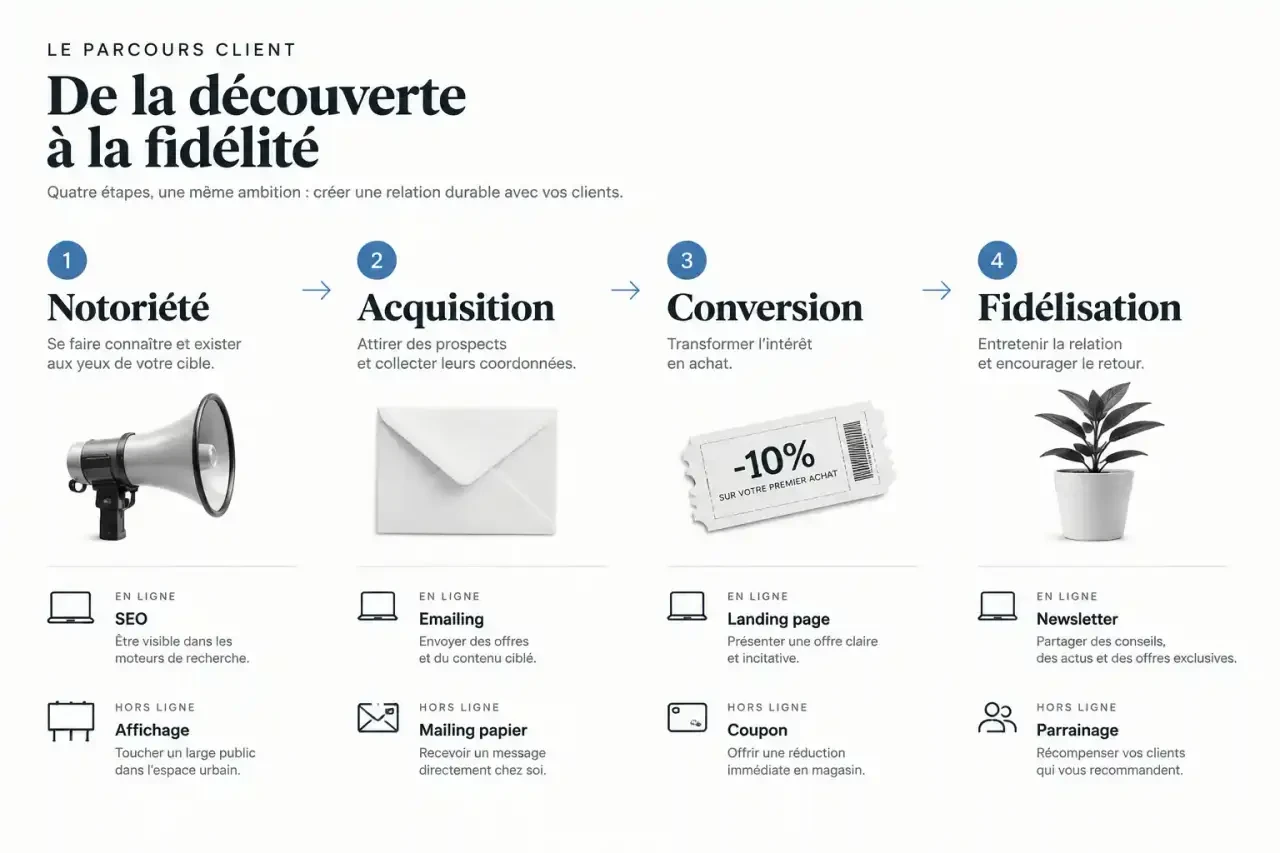 Schéma d'une action de communication selon les étapes du parcours client : notoriété, acquisition, conversion et fidélisation, avec actions online et offline