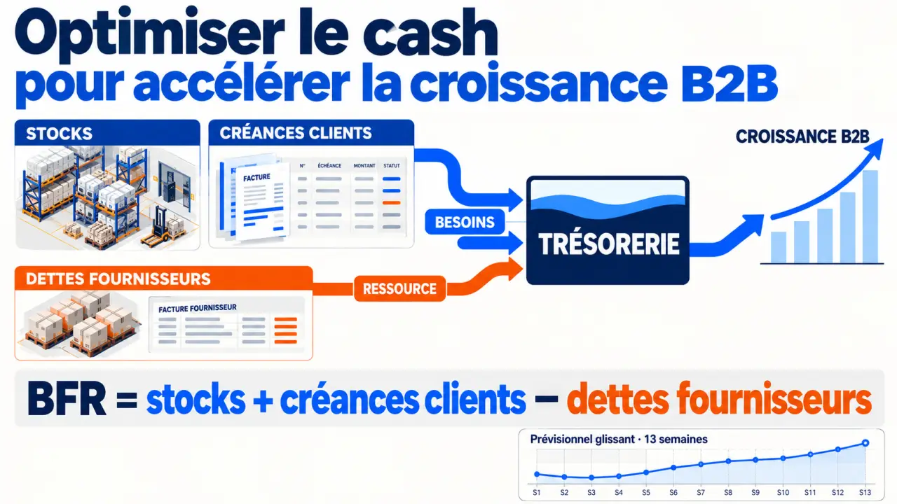 Infographie sur l'optimisation de la gestion de trésorerie pour accélérer la croissance B2B et le calcul du BFR