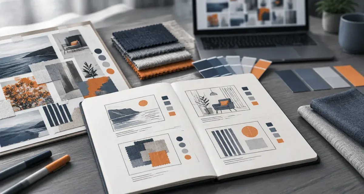 Moodboard definition : table d’inspiration visuelle et échantillons, vue oblique