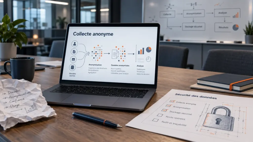 Pourquoi automatiser la collecte des feedbacks collaborateurs de manière anonyme : schéma en salle de réunion
