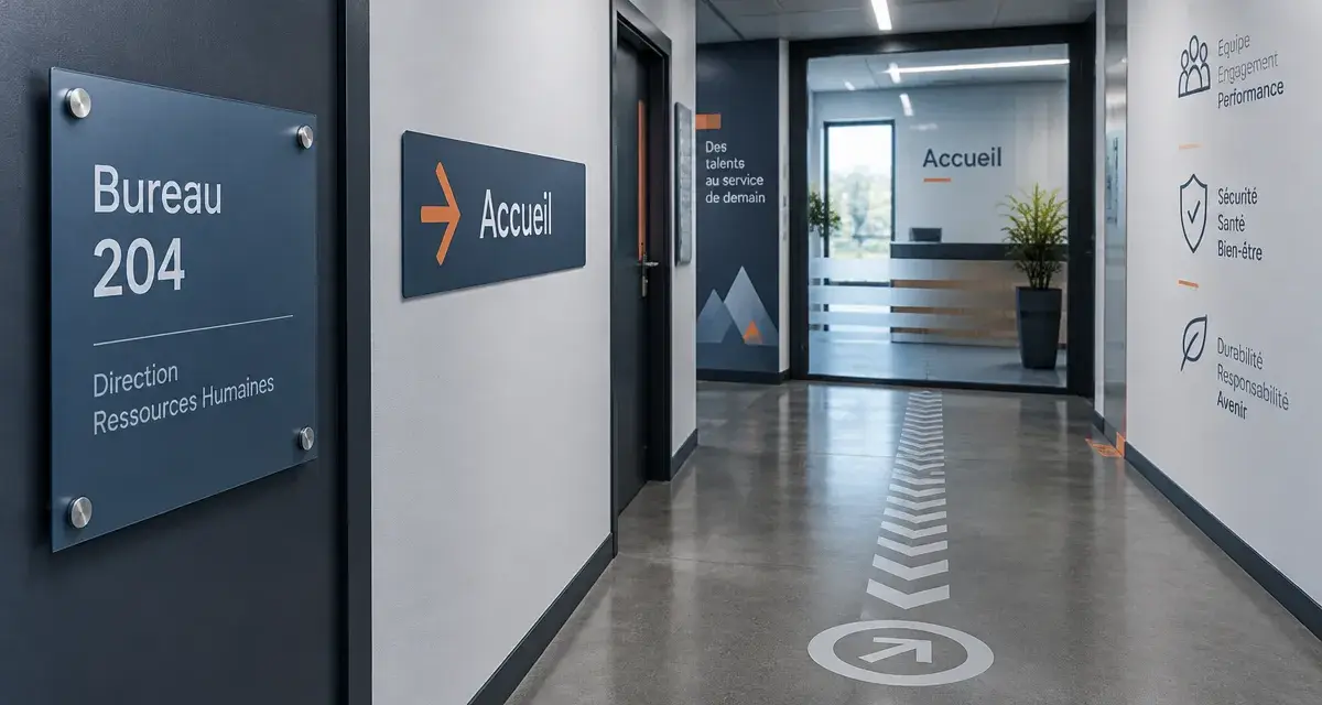 Signalétique entreprise : flèche vers Accueil en bureau