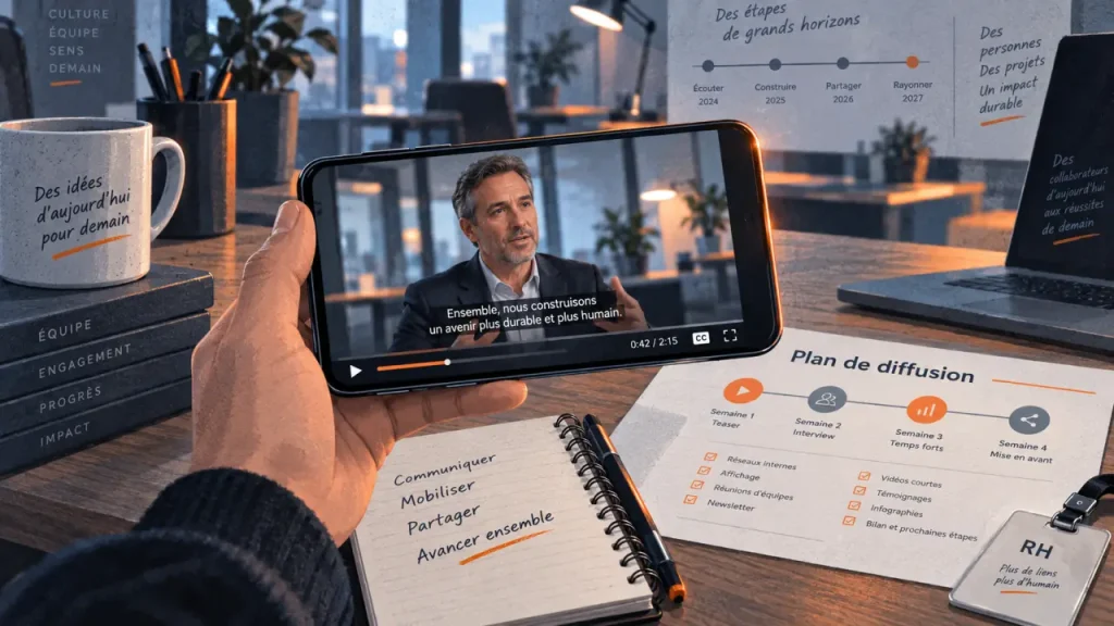 Video communication interne : smartphone avec sous-titres et plan de diffusion RH